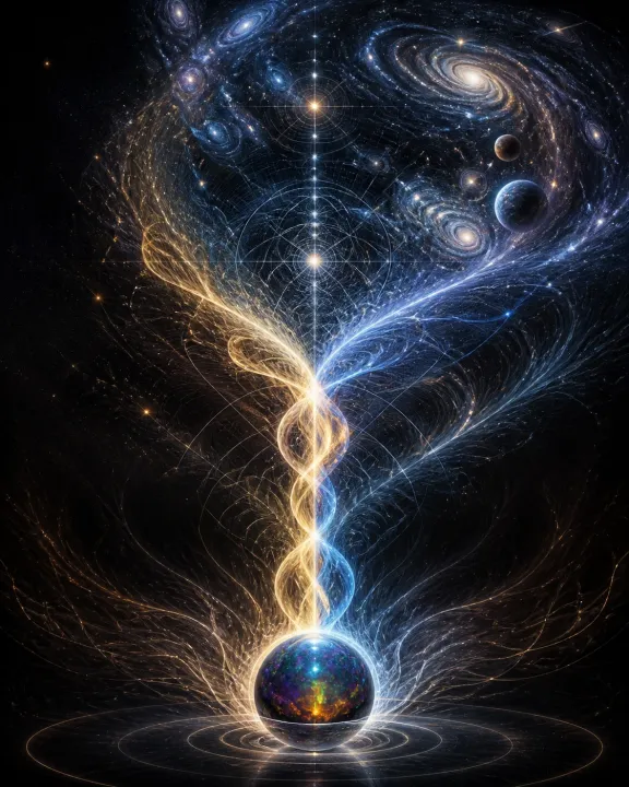 Mônada origina duas correntes luminosas que ascendem e se abrem num cosmos de galáxias.