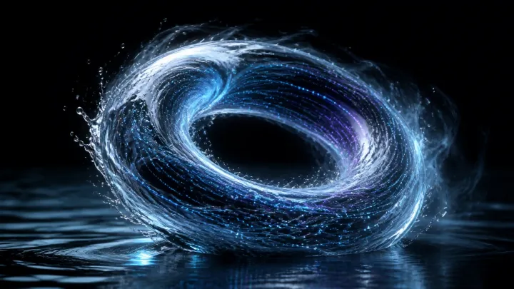 Anel de água em rotação mantém uma forma toroidal sobre uma superfície escura.