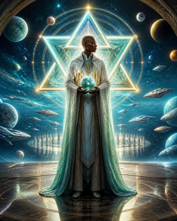 Uma enviada estelar adulta sustenta um pequeno planeta diante de um portal em forma de Merkaba.