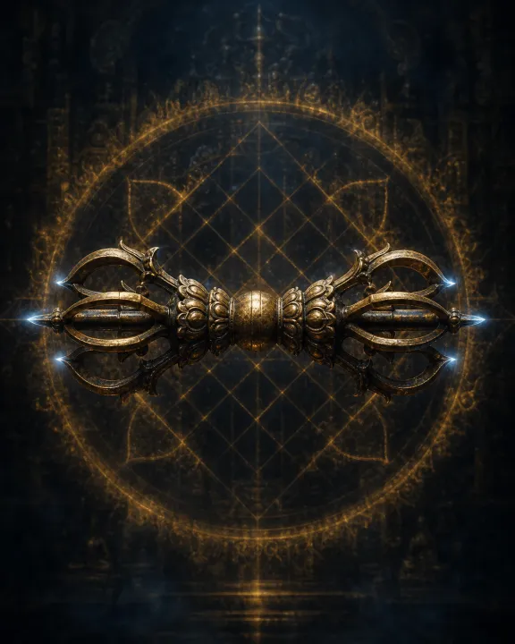 Representação artística original de Vajra — o diamante e o trovão indestrutível no padrão visual Geometria Oculta