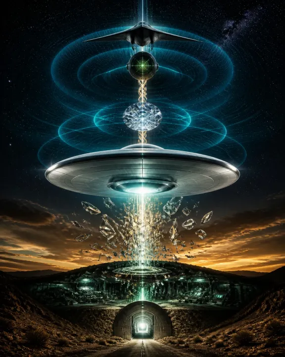 Composição vertical reúne disco recuperado, campo energético e aeronave secreta avançada.