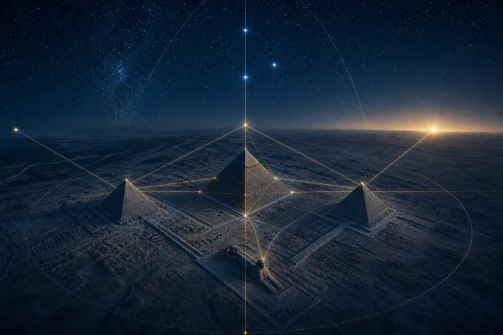 Vista aérea noturna de Gizé revela eixos cardeais e linhas celestes entre a Esfinge, as três pirâmides e as estrelas.