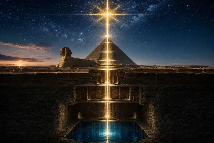 Eixo de luz atravessa água subterrânea, câmaras, Esfinge, pirâmide e uma abertura geométrica entre as estrelas.