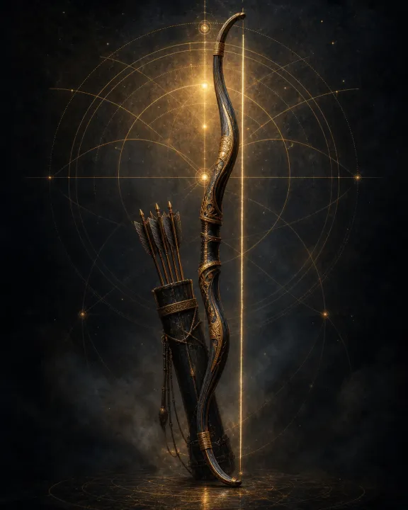 Representação artística original de Gandiva — o arco inesgotável de Arjuna no padrão visual Geometria Oculta