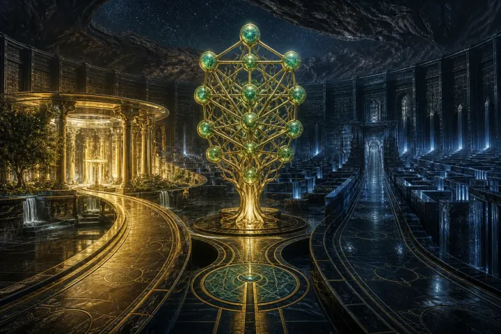 Um arquivo de obsidiana divide-se entre um santuário circular iluminado e um labirinto ao redor da Árvore da Vida.
