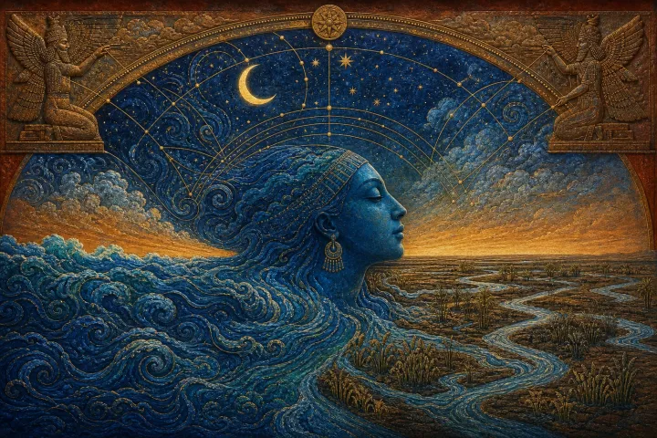 O corpo oceânico de Tiamat transforma-se conceitualmente em abóbada celeste, rios, constelações e horizonte.