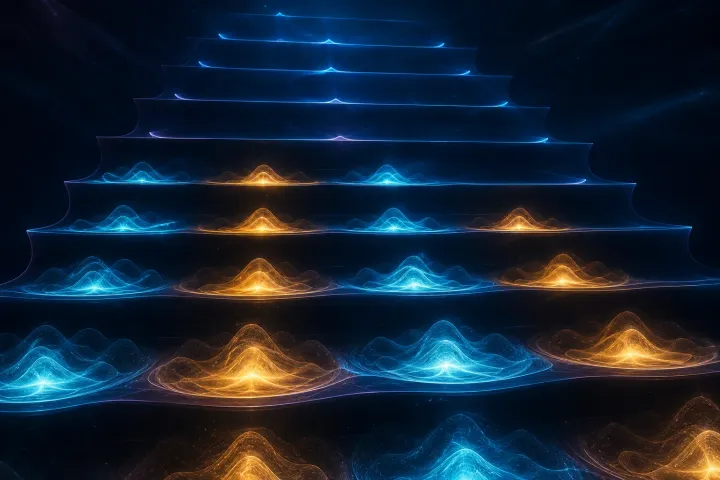 Patamares de energia recebem nuvens eletrônicas alternadas em azul e âmbar, deixando níveis superiores vazios.