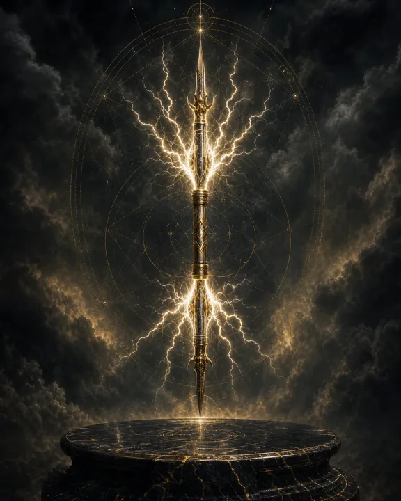 Representação artística original de Raio de Zeus — a sentença do céu no padrão visual Geometria Oculta