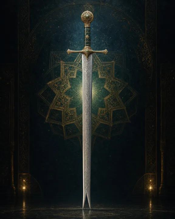 Representação artística original de Zulfiqar — a espada bifurcada de ʿAli no padrão visual Geometria Oculta