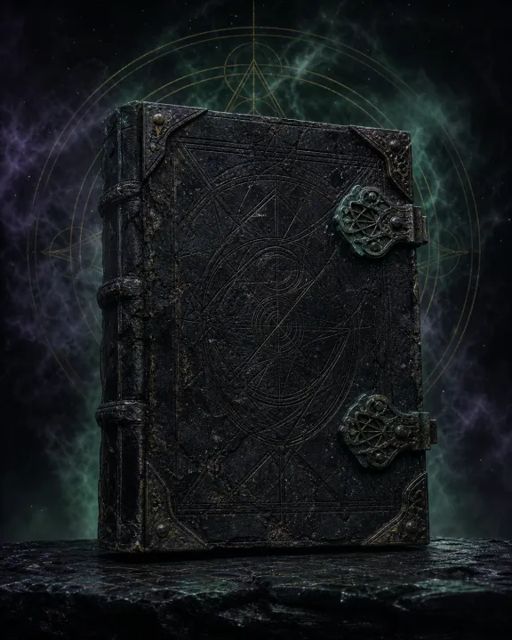 Representação artística original de Necronomicon — o livro que nunca existiu no padrão visual Geometria Oculta