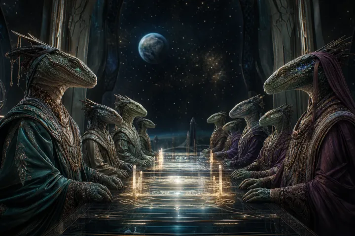 Duas delegações sauróides culturalmente distintas dialogam diante de uma mesa luminosa com a Terra ao fundo.