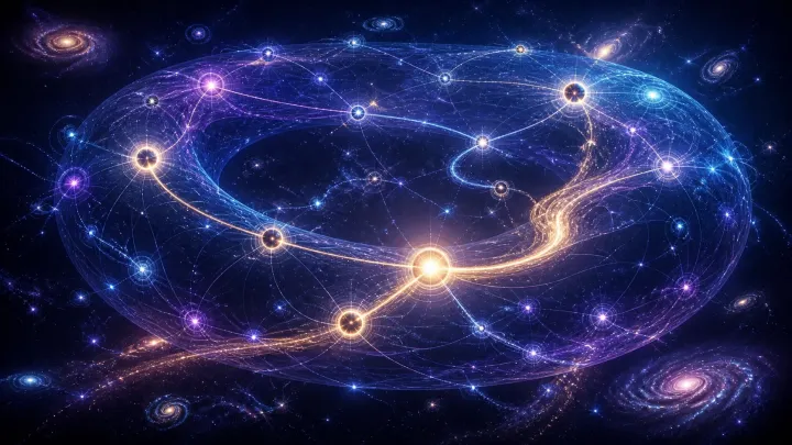 Estrelas e nós escuros são conectados por filamentos dentro de uma grande topologia toroidal.