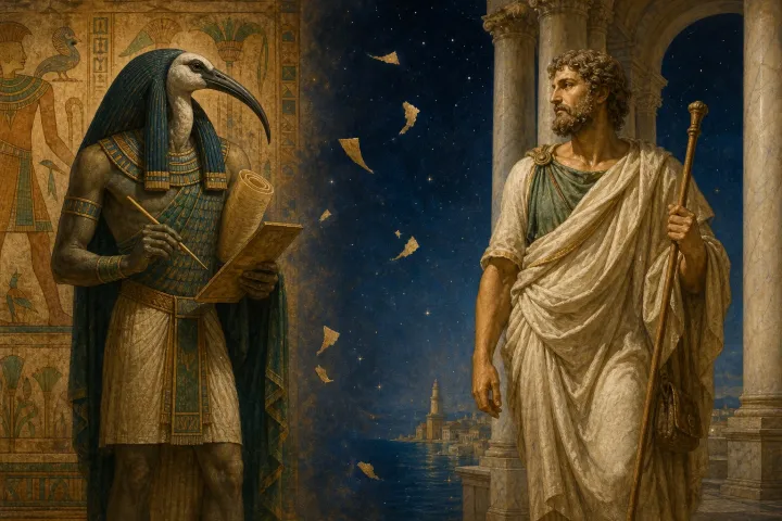 Thoth com cabeça de íbis e Hermes helenístico aparecem em lados distintos diante de papiros e estrelas.