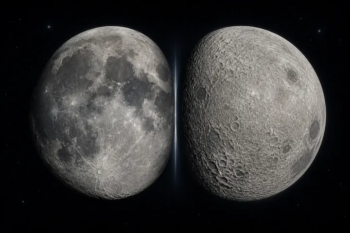 A Lua aparece dividida entre mares basálticos da face visível e terras densamente crateradas da face oculta.