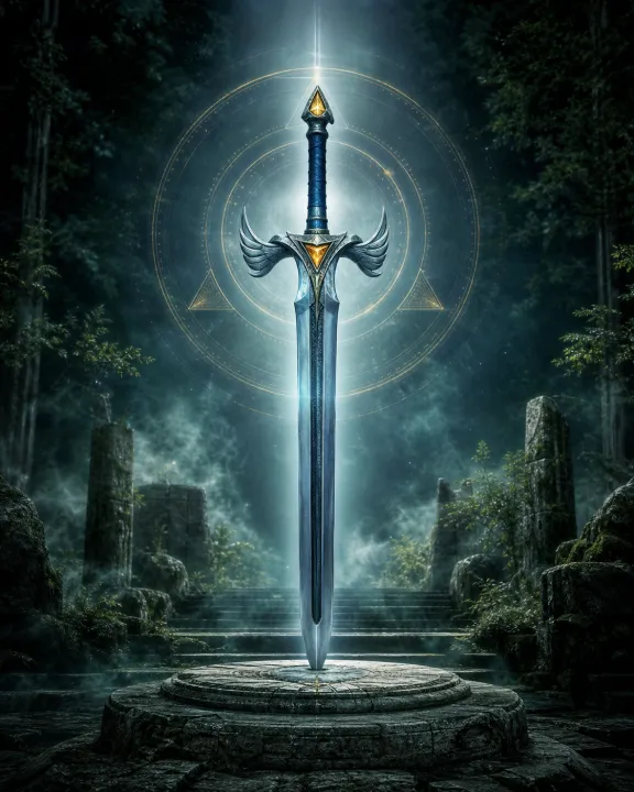Representação artística original de Master Sword — a lâmina que sela a escuridão no padrão visual Geometria Oculta