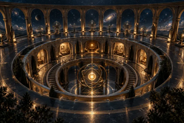 Galerias circulares concêntricas, uma aberta às estrelas e outra formada por recintos