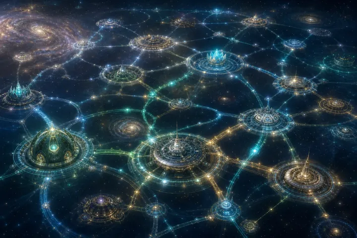 Conselhos locais, regionais e galácticos formam uma rede de anéis luminosos sem um centro absoluto.