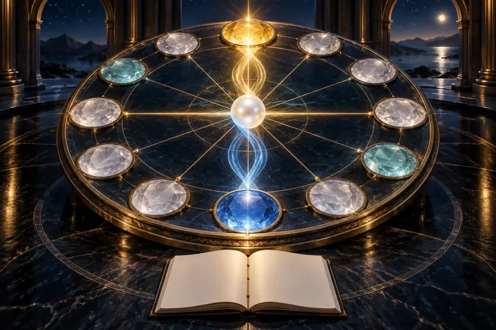 Seis eixos atravessam uma roda de doze setores de cristal, ligando polos dourados e azuis por um centro luminoso.