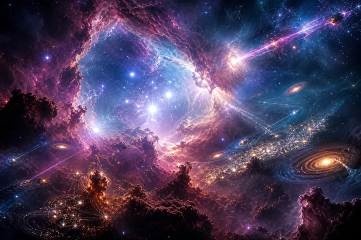 A Nebulosa de Órion aparece como uma forja de gás azul, magenta e dourado, atravessada por estrelas jovens e geometrias translúcidas.