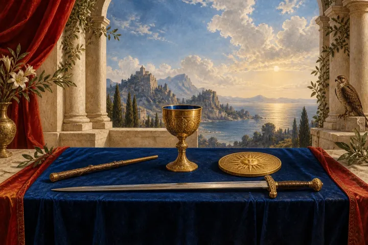 Mesa com taça, bastão, lâmina cerimonial e disco diante de uma paisagem, em composição inspirada nos instrumentos do Mago