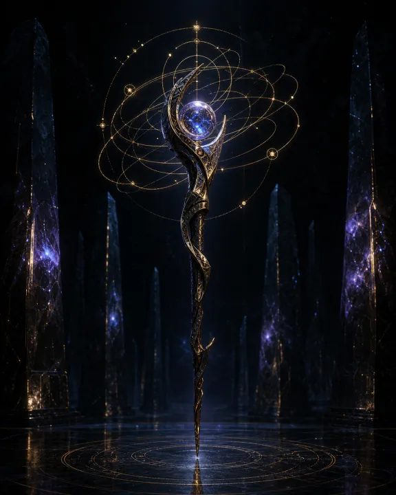 Representação artística original de Cetro de Loki — a mente transformada em arma no padrão visual Geometria Oculta