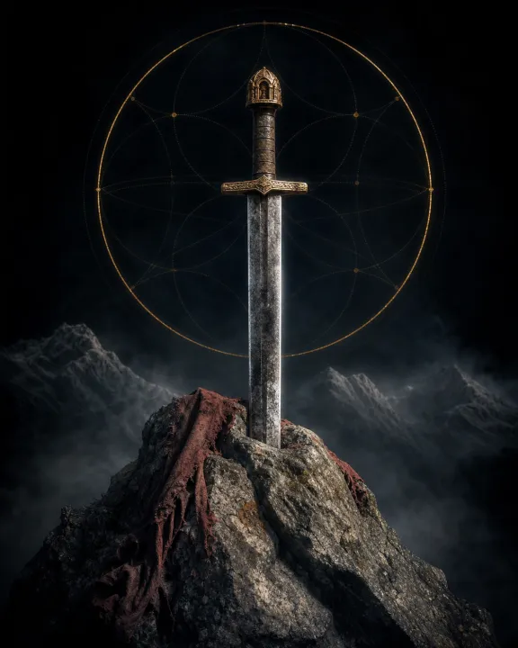 Representação artística original de Durandal — a espada das relíquias e do rochedo no padrão visual Geometria Oculta