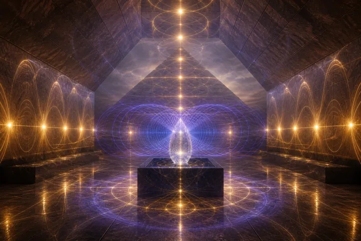 Ondas douradas e violetas formam padrões estacionários e um campo toroidal dentro de uma câmara de granito.