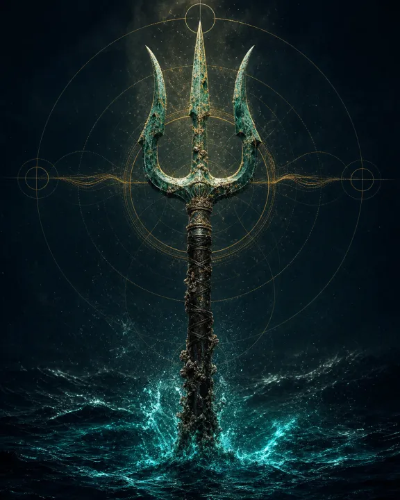 Representação artística original de Tridente de Poseidon — a arma que move mares e continentes no padrão visual Geometria Oculta