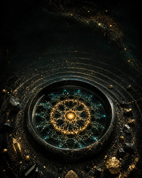 Mandala luminosa de água ocupa o centro de uma composição vertical cercada por cristais e poeira estelar.