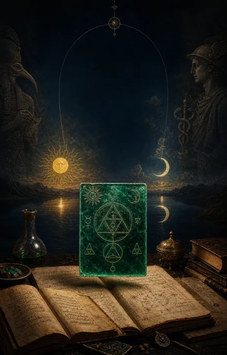 Composição vertical reúne placa verde simbólica, manuscritos, céu, água, Sol, Lua, Thoth e Hermes.