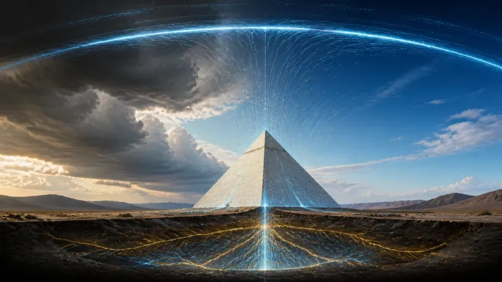 Correntes luminosas descem da atmosfera, atravessam uma pirâmide clara e se distribuem pelo solo.