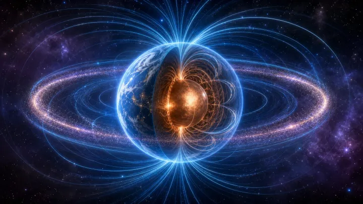 Planeta em corte revela núcleo luminoso, linhas magnéticas e cinturões de partículas.