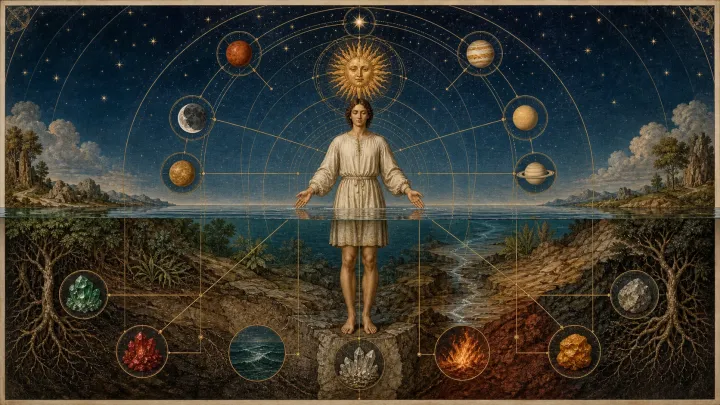 Figura humana entre céu e terra é atravessada por linhas que conectam astros, elementos e materiais.