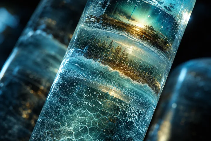 Núcleo de gelo transparente preserva bolhas, poeira, cinzas e reflexos de antigas paisagens em camadas hexagonais.