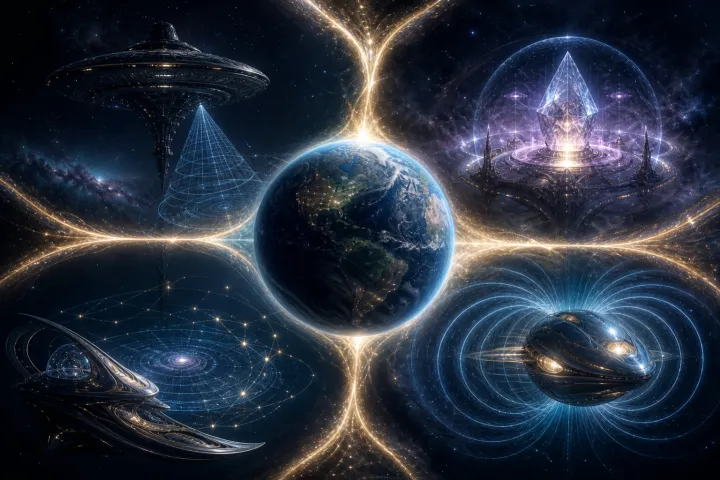 Quatro estruturas em órbita da Terra representam observação, cura cristalina, cartografia estelar e proteção toroidal.