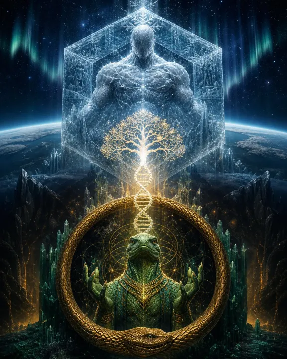 Composição vertical une gigante de gelo, iniciador reptiliano, Ouroboros, Árvore da Vida e DNA.