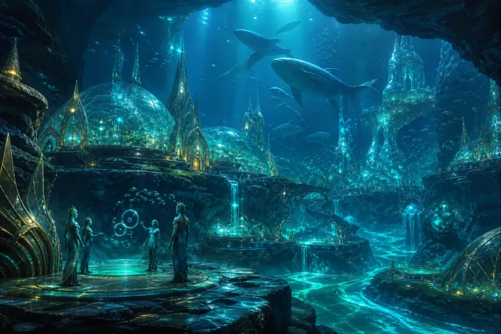 Uma cidade aquática translúcida integra cetáceos, cristais, rios térmicos e habitantes da luz azul.