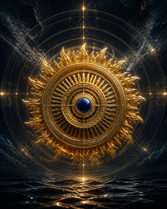 Representação artística original de Sudarshana Chakra — a roda de visão auspiciosa no padrão visual Geometria Oculta