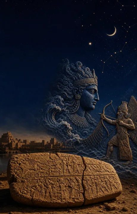 Composição vertical reúne uma tábua, Tiamat oceânica, Marduk, Babilônia e o céu estrelado.