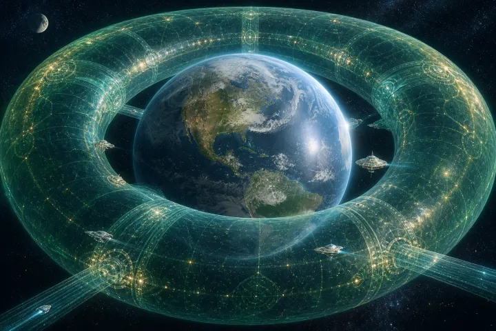 A Terra é cercada por um escudo toroidal translúcido com portões, corredores de tráfego e naves de monitoramento.