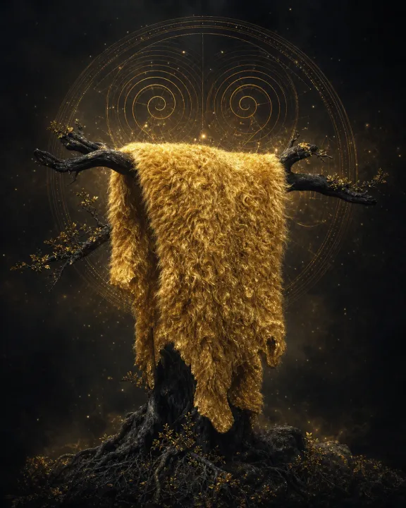 Representação artística original de Velocino de Ouro — a pele que legitima reis no padrão visual Geometria Oculta